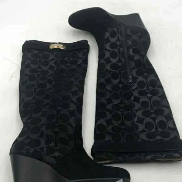 Coach Designer Womens Black Gray Monogram Wedge Heel Mid-Calf Boots Size 6 - Picture 1 of 8